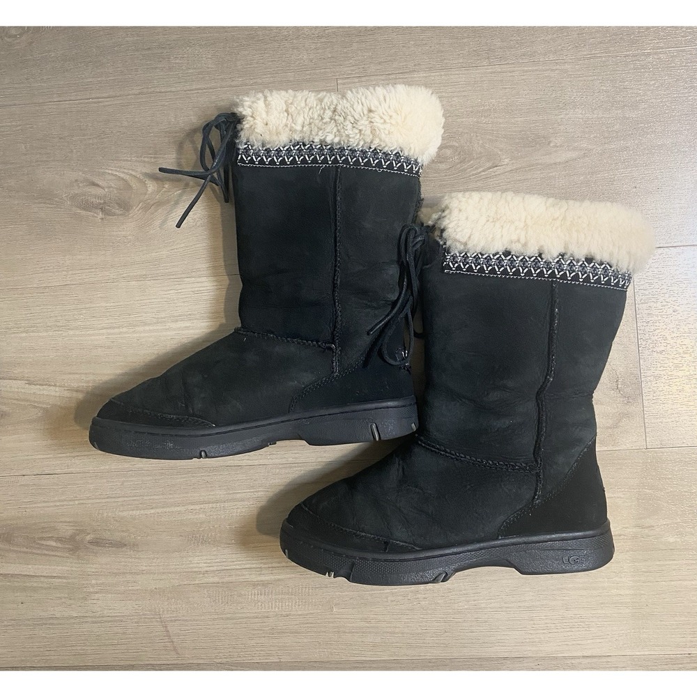 UGG Ultimate Cuff Leather Shearling Winter Snow Boots Black Women Size 8 - Picture 4 of 6